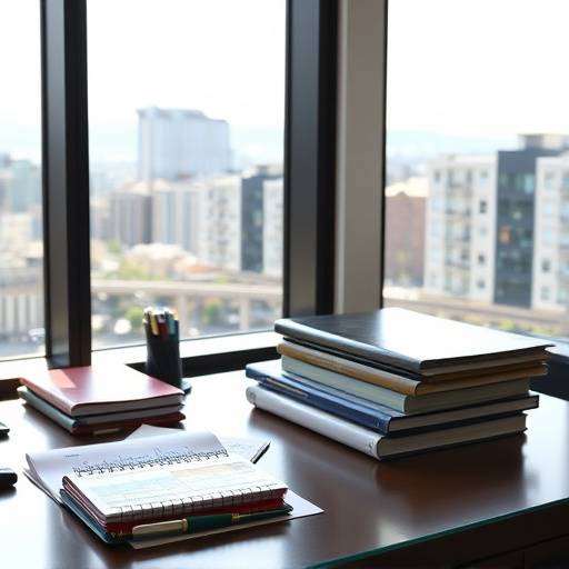 Financial planner open on a desk with a Seattle city view in the background.